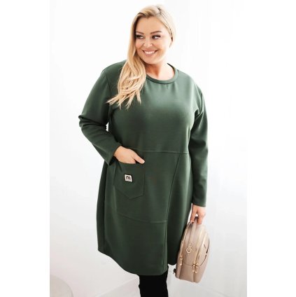 Dámské šaty Plus Size máslo s kapsou a rukávem 3/4 khaki (Velikost UNI, Barva Zelená)