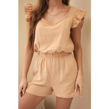 Dámský mušelínový overal s volánky camelový (Velikost UNI, Barva Hnědá)