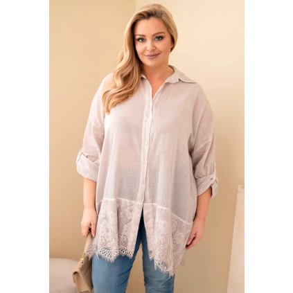 Dámská košile Plus Size bavlněná s krajkovým lemem světle béžová (Velikost UNI, Barva Béžová)