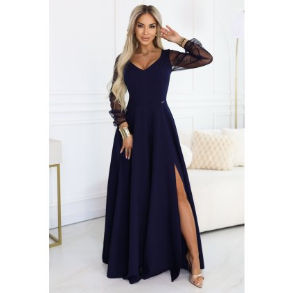 Numoco LORETTA jedinečné dlouhé šaty s tylovými rukávy a výstřihem - tmavě modrá 640-3 (Velikost S, Barva Modrá)