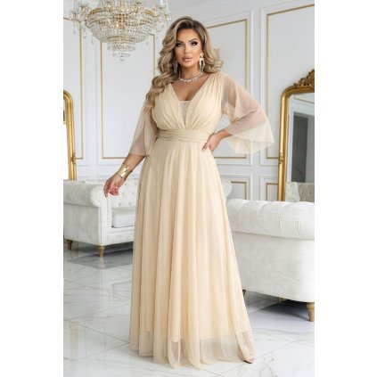 Numoco Dlouhé, třpytivé šaty plus size s kulatým výstřihem a průsvitnými rukávy - šampaňsky béžové 654-2 (Velikost UNI, Barva Béžová)