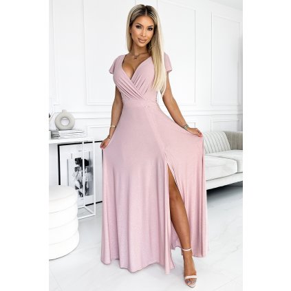 Numoco CRYSTAL třpytivé dlouhé šaty s výstřihem - špinavě růžové 411-6 (Velikost XS, Barva Růžová)