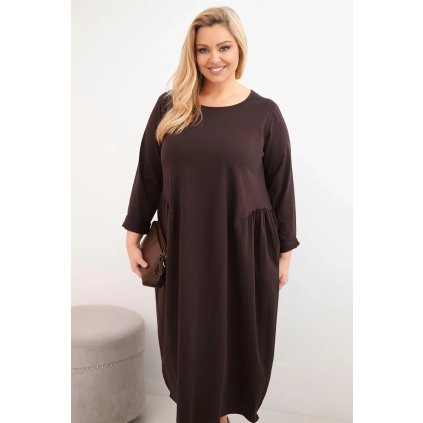 Dámské šaty Plus Size s dlouhým rukávem a nařasením v pase (Velikost UNI, Barva Hnědá)