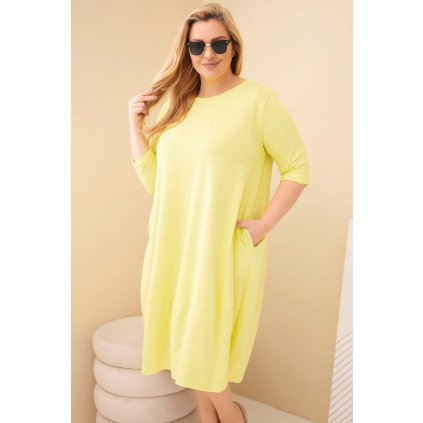 Dámské bavlněné šaty Plus Size s ohrnutým rukávem a kapsami (Velikost UNI, Barva Žlutá)