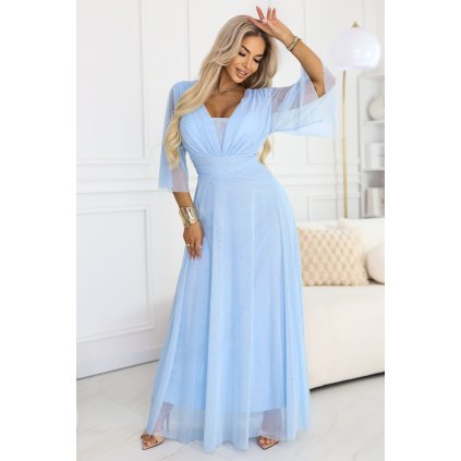 Numoco Dlouhé lesklé šaty plus size s výstřihem a průhledným rukávkem - světle modrá 654-3 (Velikost UNI, Barva Modrá - světle)