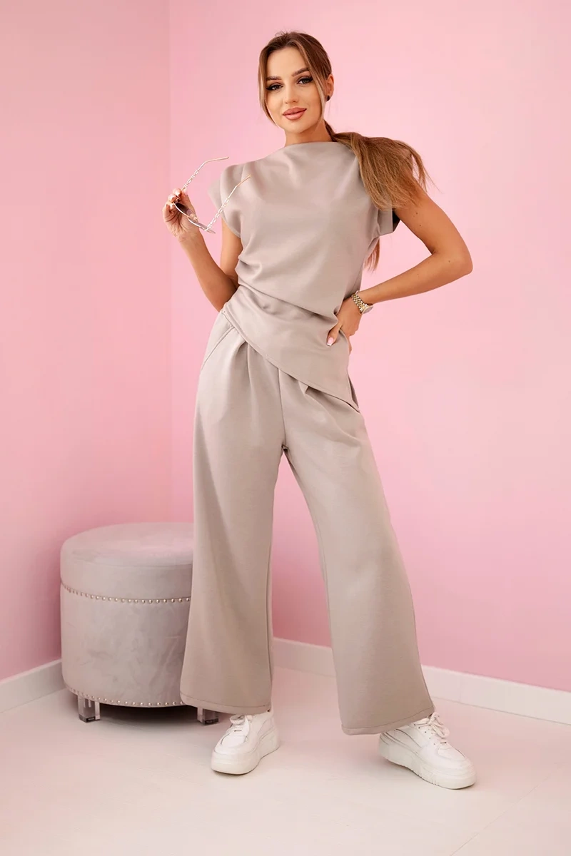 Kesi Viskózový komplet Blue - halenka + kalhoty Barva: Béžová - tmavě, Velikost: UNI