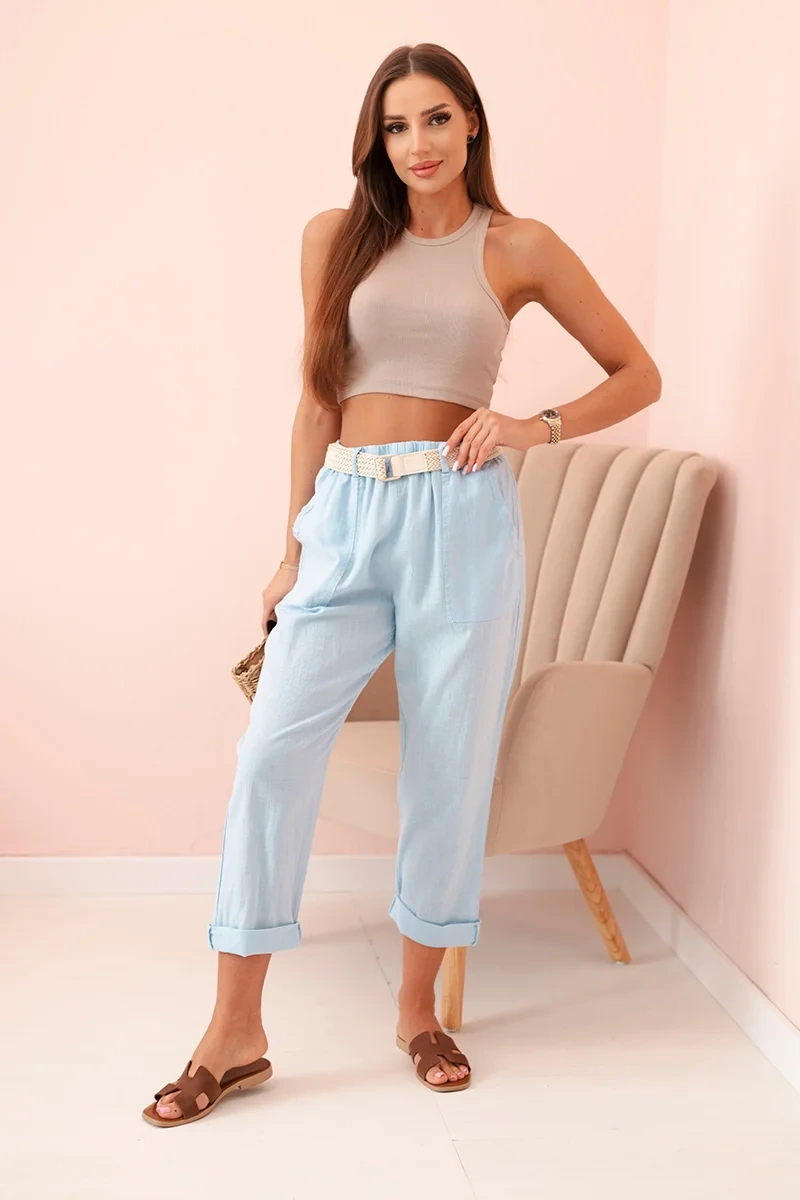 Kesi Dámské lněné kalhoty ART52888 s páskem Barva: Modrá, Velikost: UNI