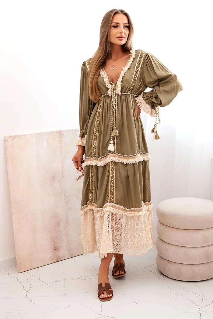 Kesi Dámské boho šaty New s krajkou Barva: Zelená, Velikost: UNI