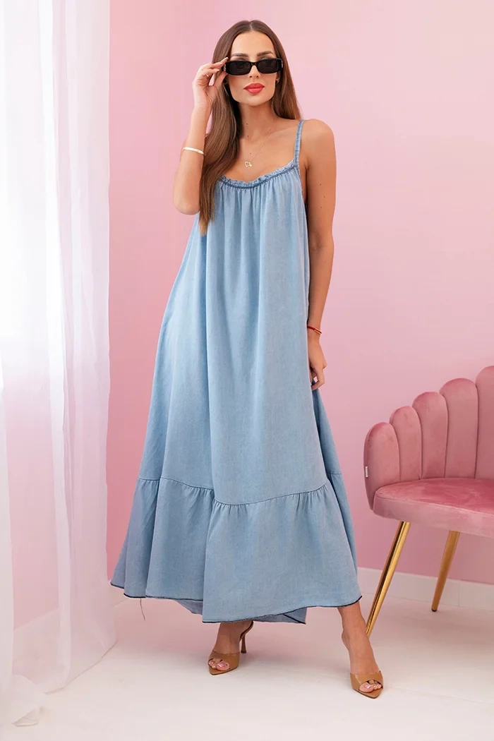 Kesi Dámské šaty na ramínka s volánem Barva: Modrá, Velikost: UNI