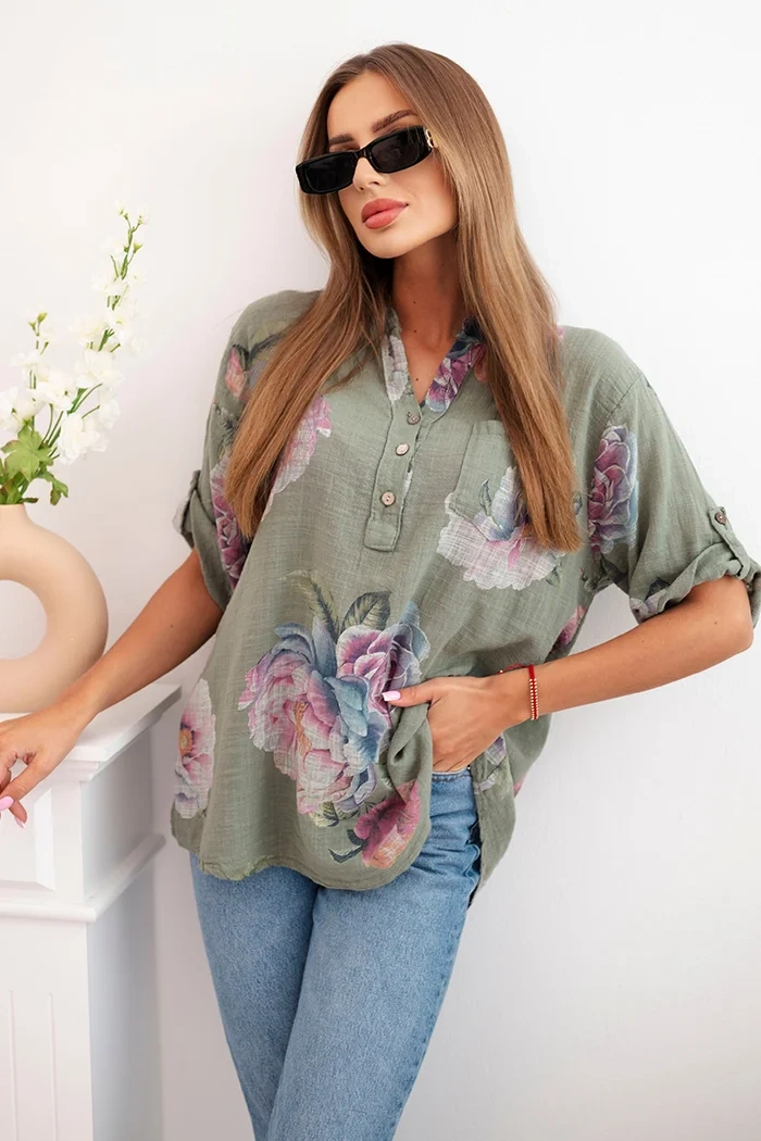 Kesi Dámská bavlněná halenka ART12038 s květinovým vzorem Barva: Zelená, Velikost: UNI