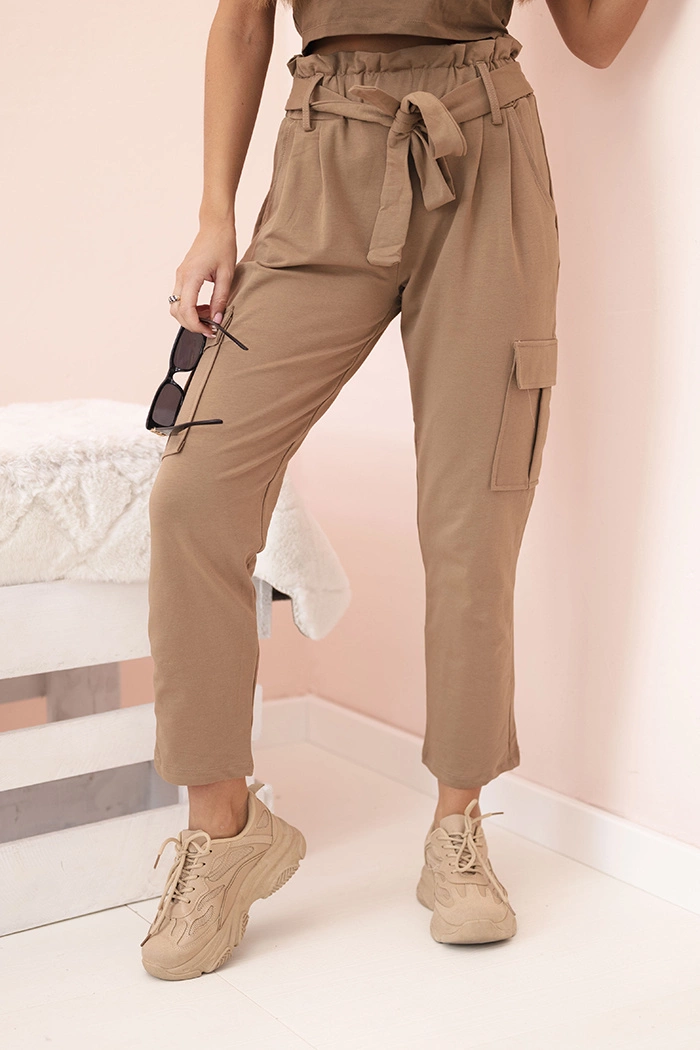 Kesi Dámské cargo kalhoty 69387 s vysokým pasem Barva: Béžová - tmavě, Velikost: UNI