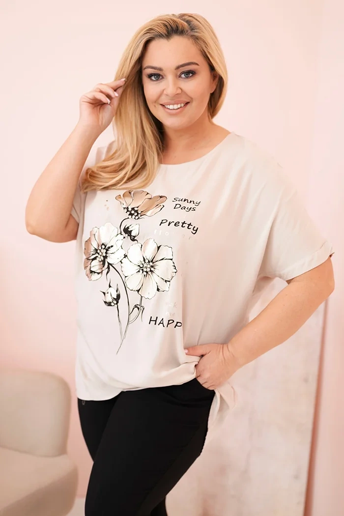 Kesi Halenka Plus Size 2152 s květinovým potiskem Barva: Béžová, Velikost: UNI