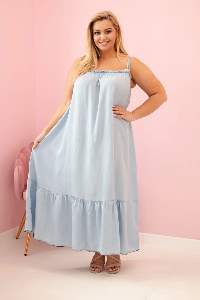 Kesi Šaty Plus Size 21646-1 na ramínka s volánem Barva: Modrá - světle, Velikost: UNI