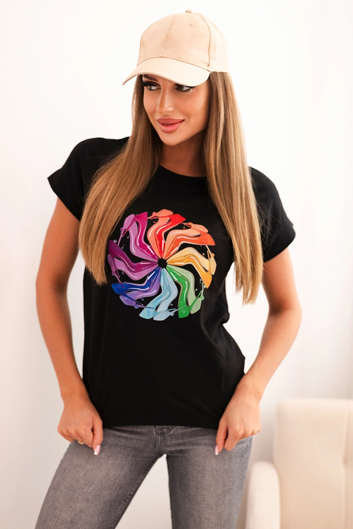 Kesi Dámská bavlněná blůza s krátkým rukávem a barevným potiskem Duha Barva: Černá, Velikost: UNI