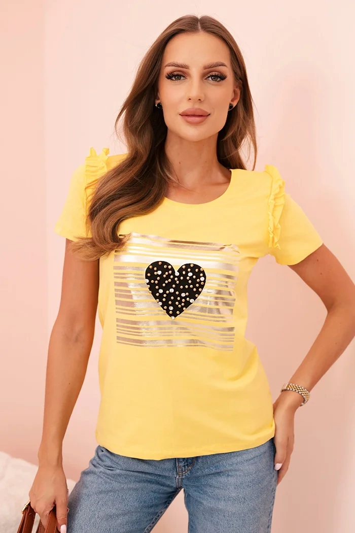 Kesi Dámská bavlněná blůza s volánkem a srdcem z kamínků Heart Barva: Žlutá, Velikost: UNI