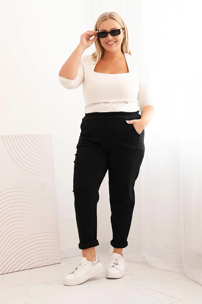 Dámské kalhoty Plus Size dekontrované s viskózou a širokou gumou černé UNI