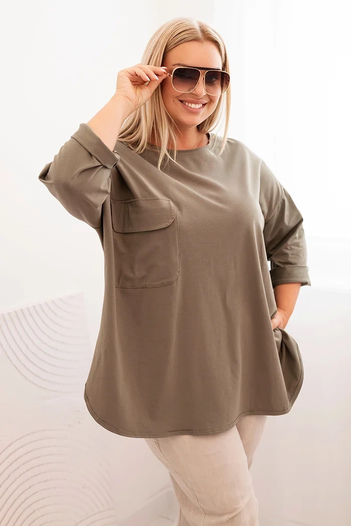 Kesi Dámská blůza Plus Size s bavlnou, kapsou a ohrnovacími rukávy Hilda Barva: Zelená, Velikost: UNI