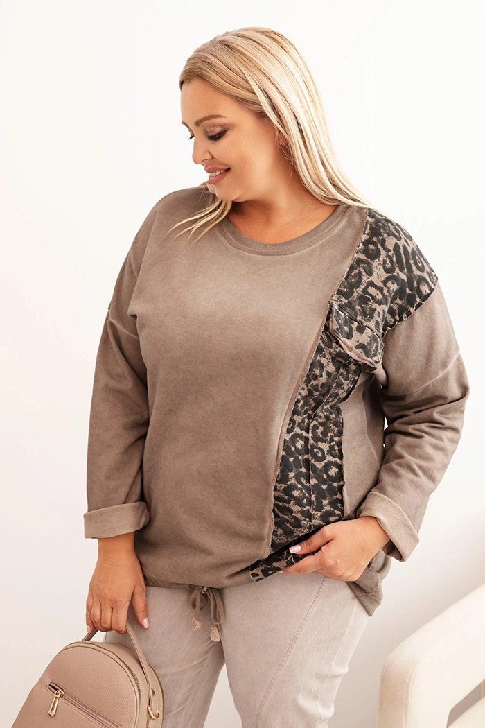 Kesi Dámská mikina Plus Size MY4139 s leopardím potiskem Barva: Hnědá, Velikost: UNI