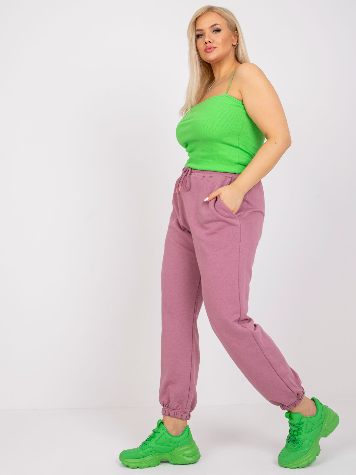 Dámské tepláky Plus Size RV-DR-6331.86 BASIC FEEL GOOD Barva: Růžová - tmavě, Velikost: 2XL