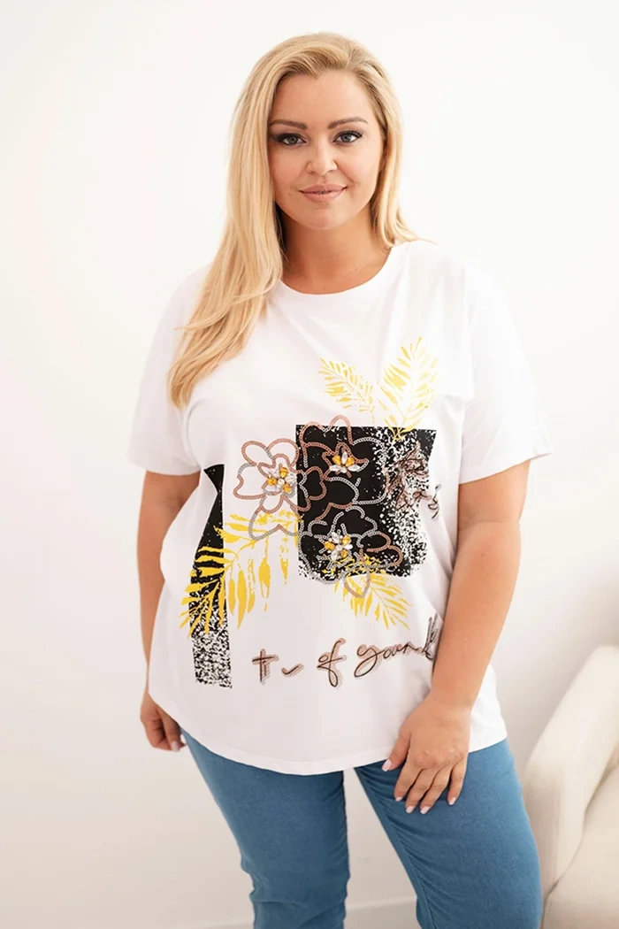 Kesi Tričko Plus Size 1323 s ozdobným květinovým potiskem Barva: Žlutá, Velikost: UNI