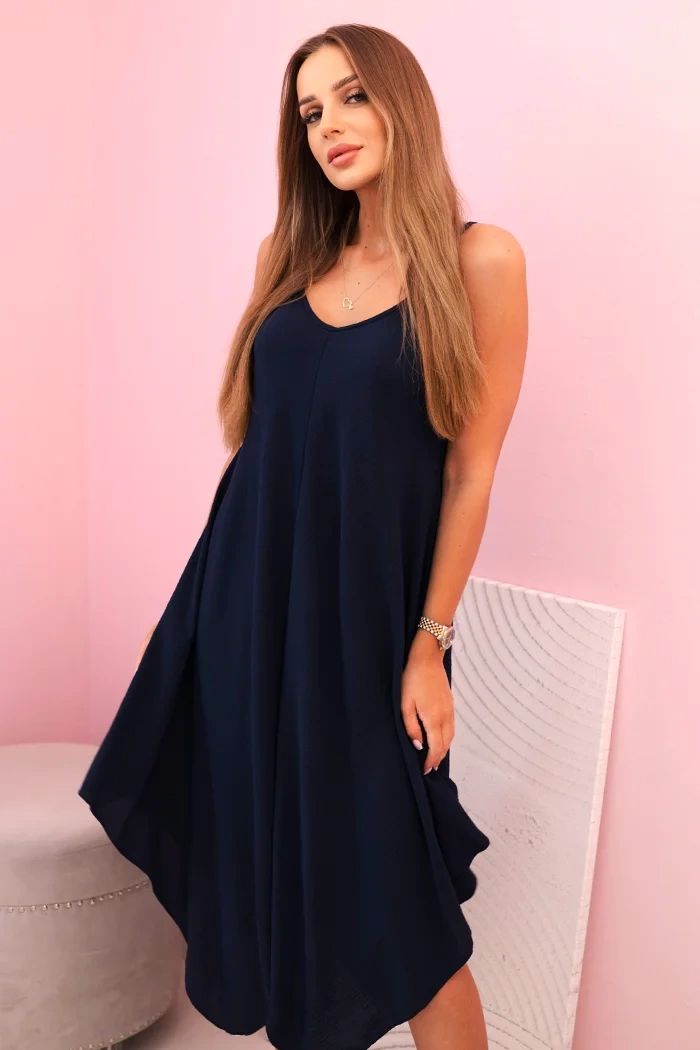 Kesi Dámské šaty na ramínka rozšířeným asymetrickým růžovým lemem Barva: Modrá - tmavě, Velikost: UNI