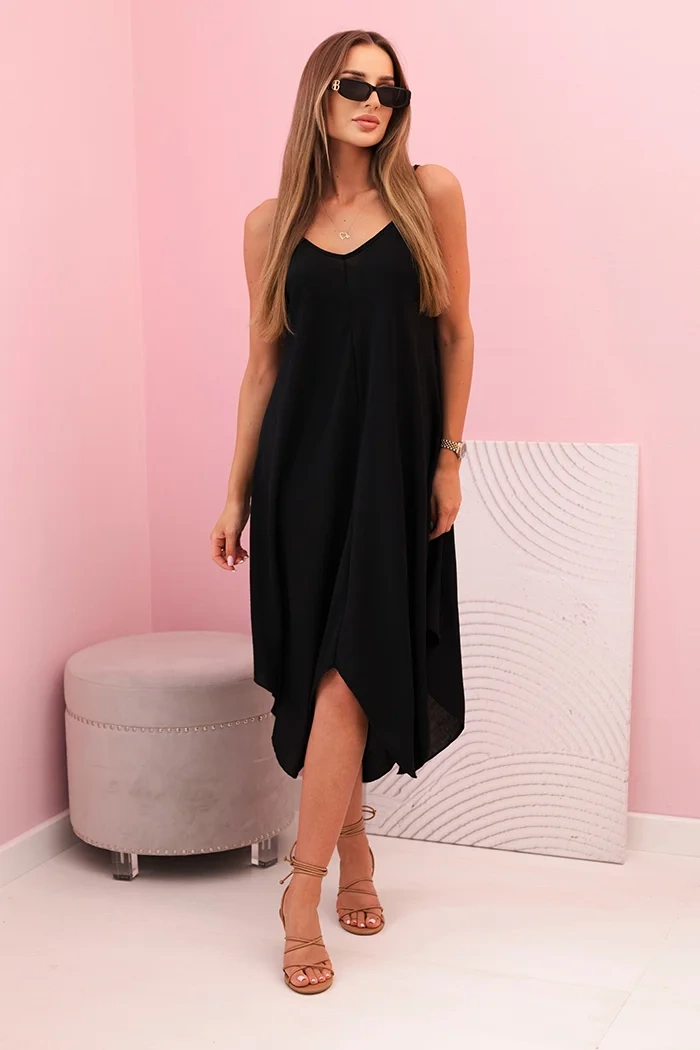 Kesi Dámské šaty na ramínka rozšířeným asymetrickým růžovým lemem Barva: Černá, Velikost: UNI