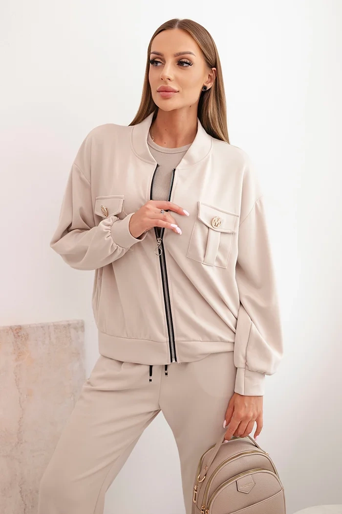 Dámský komplet z viskózy s rozepínací mikinou a kalhotami béžový UNI