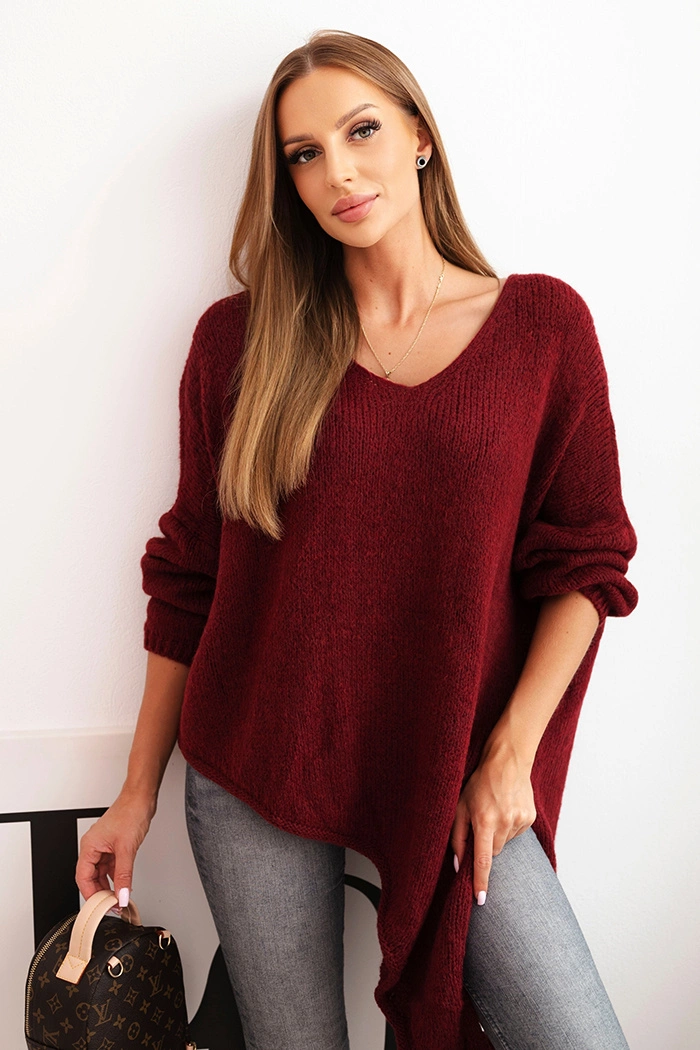 Dámský asymetrický svetr z vlny Plus Size s výstřihem do V bordový UNI