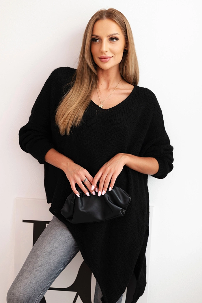 Svetr dámský vlněný asymetrický Plus Size s výstřihem do V černý UNI