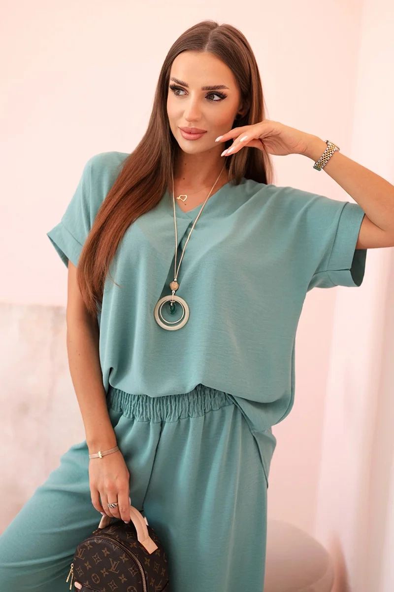 Kesi Dámský komplet Bianca s náhrdelníkem - halenka + kalhoty Barva: Tyrkysová, Velikost: UNI