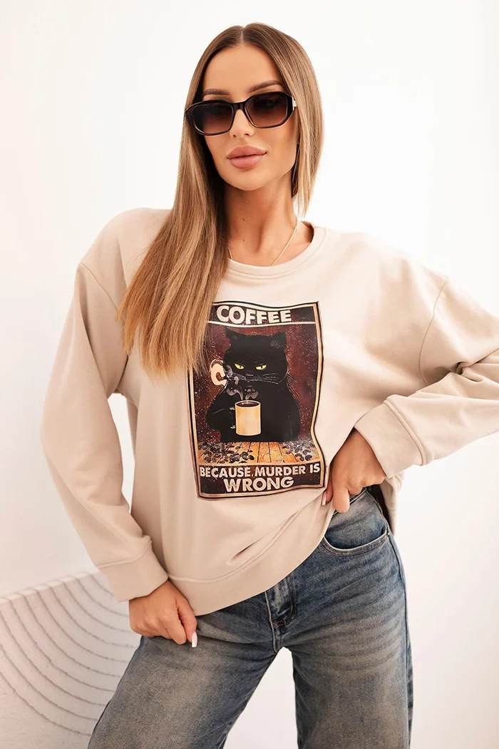 Dámská bavlněná mikina s potiskem kočky a nápisem béžová UNI