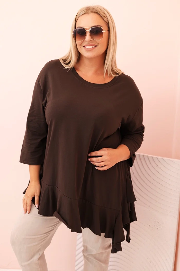 Kesi Dámská blůza Plus Size s bavlnou, kapsou a ohrnutým rukávem kiwi Barva: Hnědá, Velikost: UNI