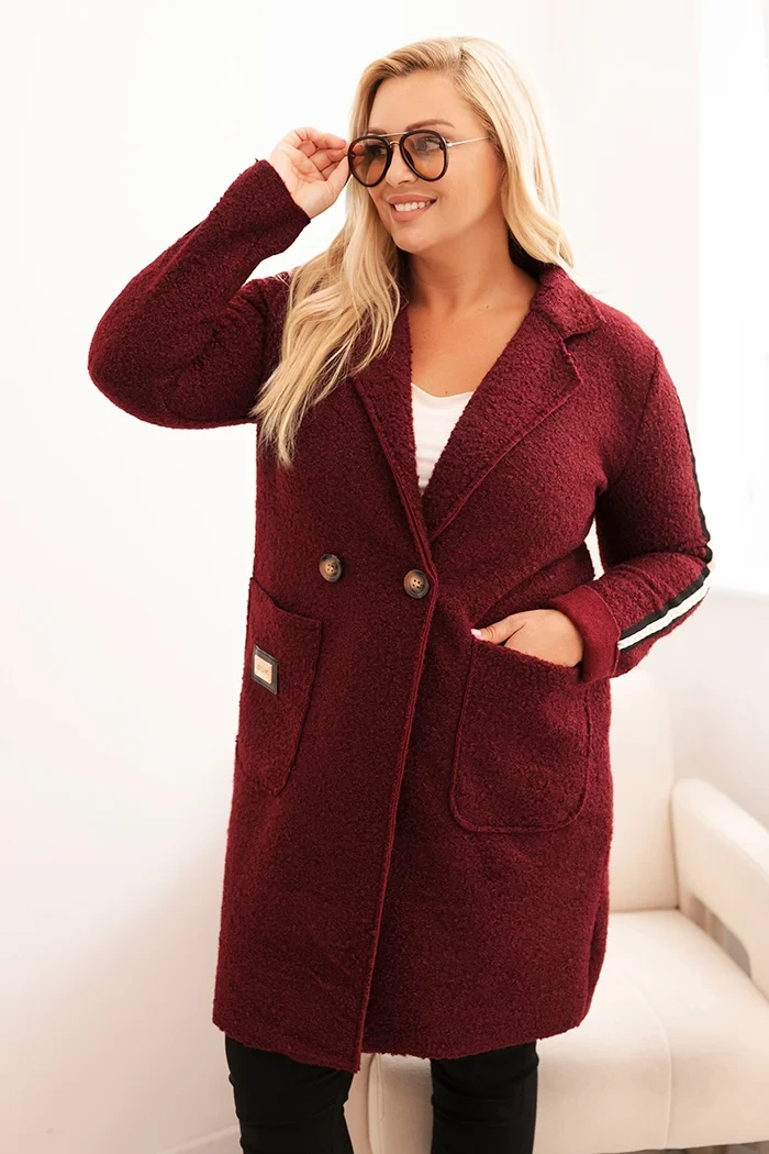 Dámský kabát Plus Size z umělé ovčí vlny s kapsami bordový UNI