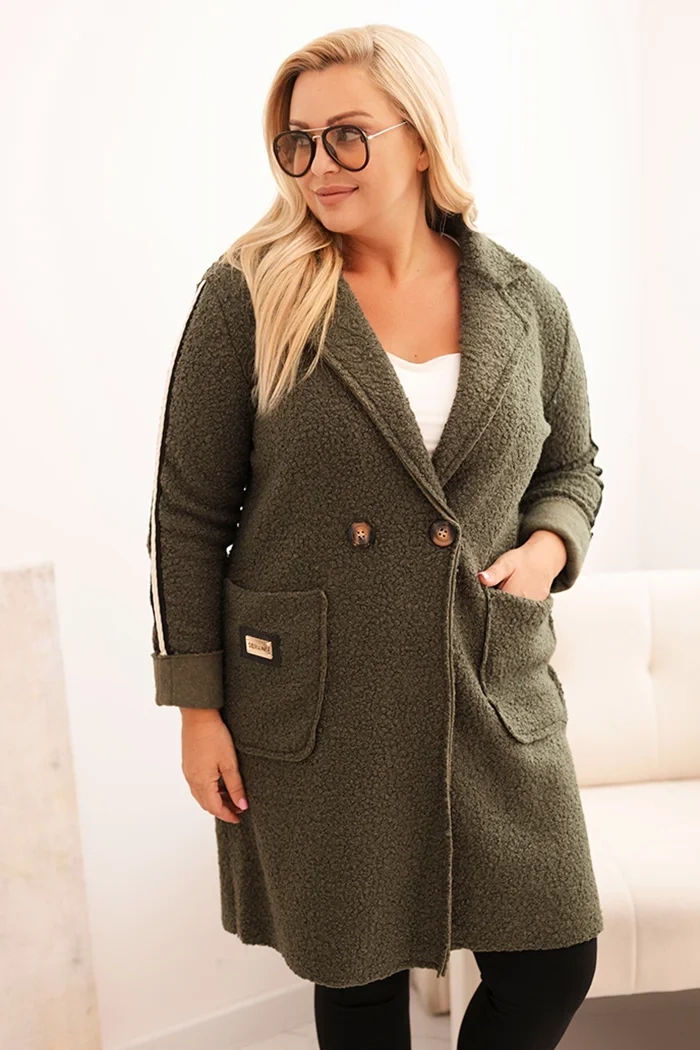 Dámský kabát Plus Size z umělého beránka s kapsami khaki UNI