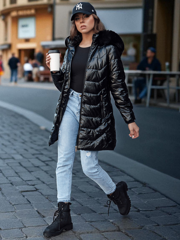 Dámská zimní prošívaná bunda s kožešinou SHINE černá Dstreet TY4483 Velikost: M