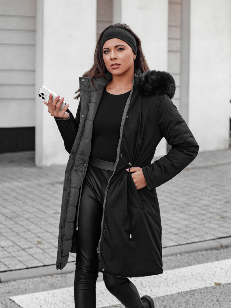 Dámská zimní bunda TRENDNEL dlouhá prošívaná s kožešinou černá Dstreet TY4587 XL