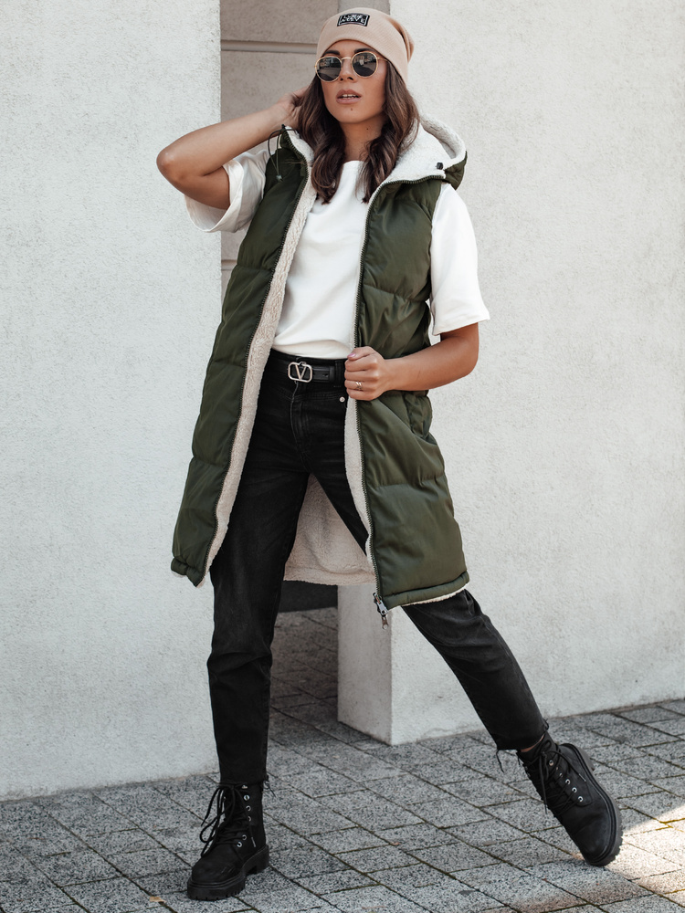 Dámská vesta COSYVIVA dlouhá s kapucí prošívaná zelená Dstreet TY4604 L