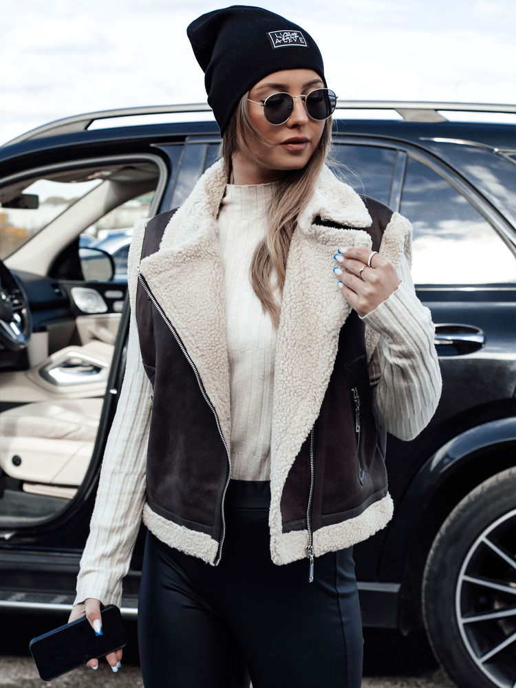 Dámská semišová vesta s kožíškem WOOLZIP kávová Dstreet TY4746 M