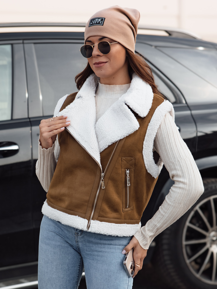 Dámská semišová vesta s kožíškem WOOLZIP v barvě camel Dstreet TY4741 S