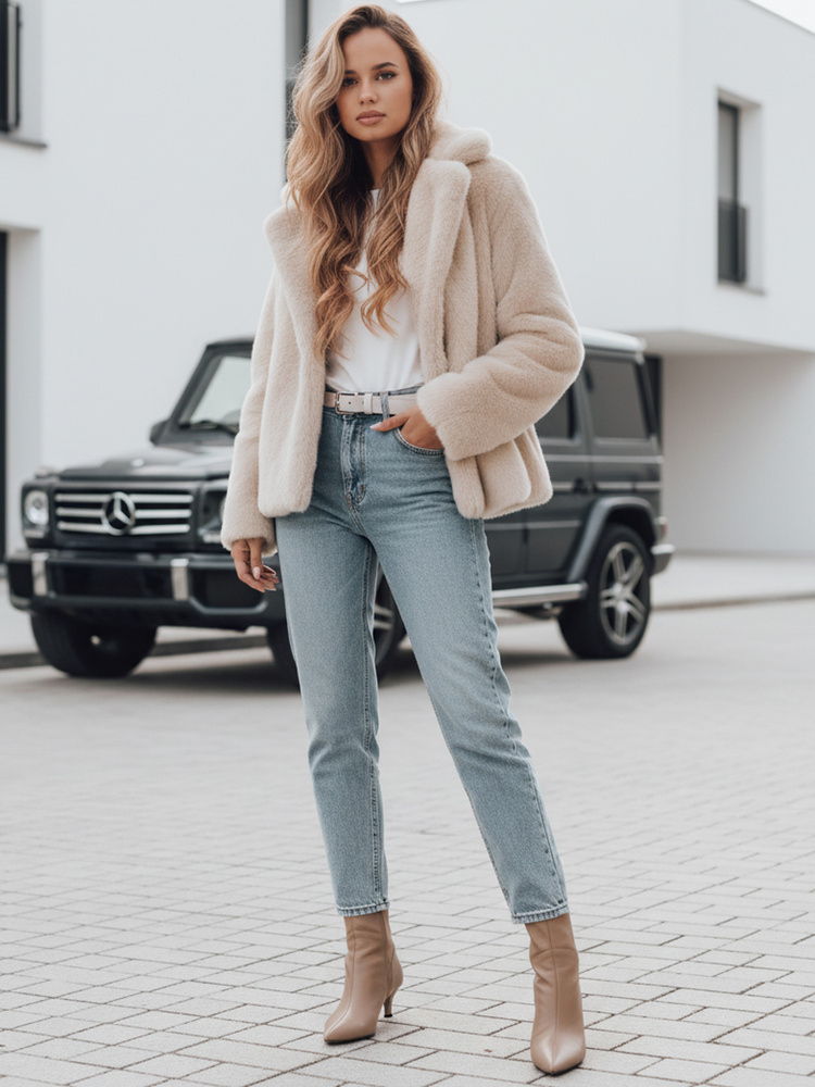 Dámský krátký zimní kabátek GLAMFLUFFY Dstreet TY4984 Barva: Béžová, Velikost: XL