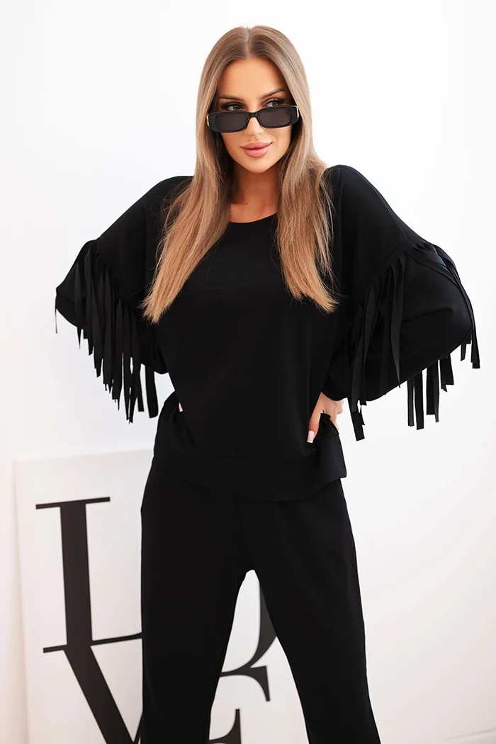 Dámský komplet máslový s třásněmi na rukávech černý UNI