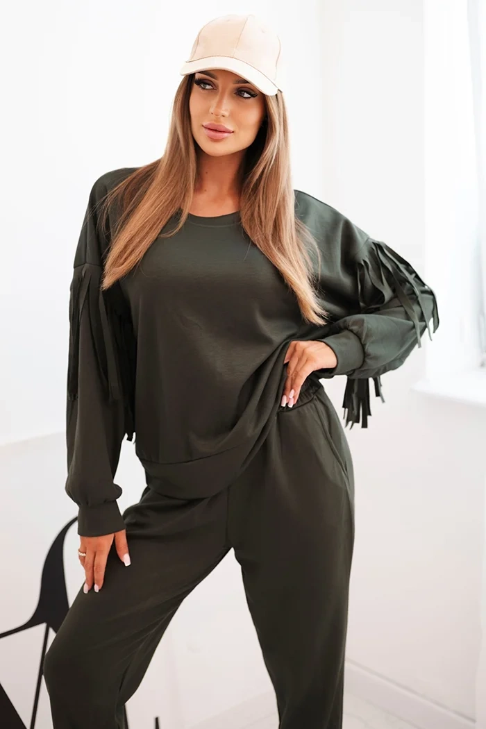 Dámský komplet máslový s třásněmi na rukávech khaki UNI