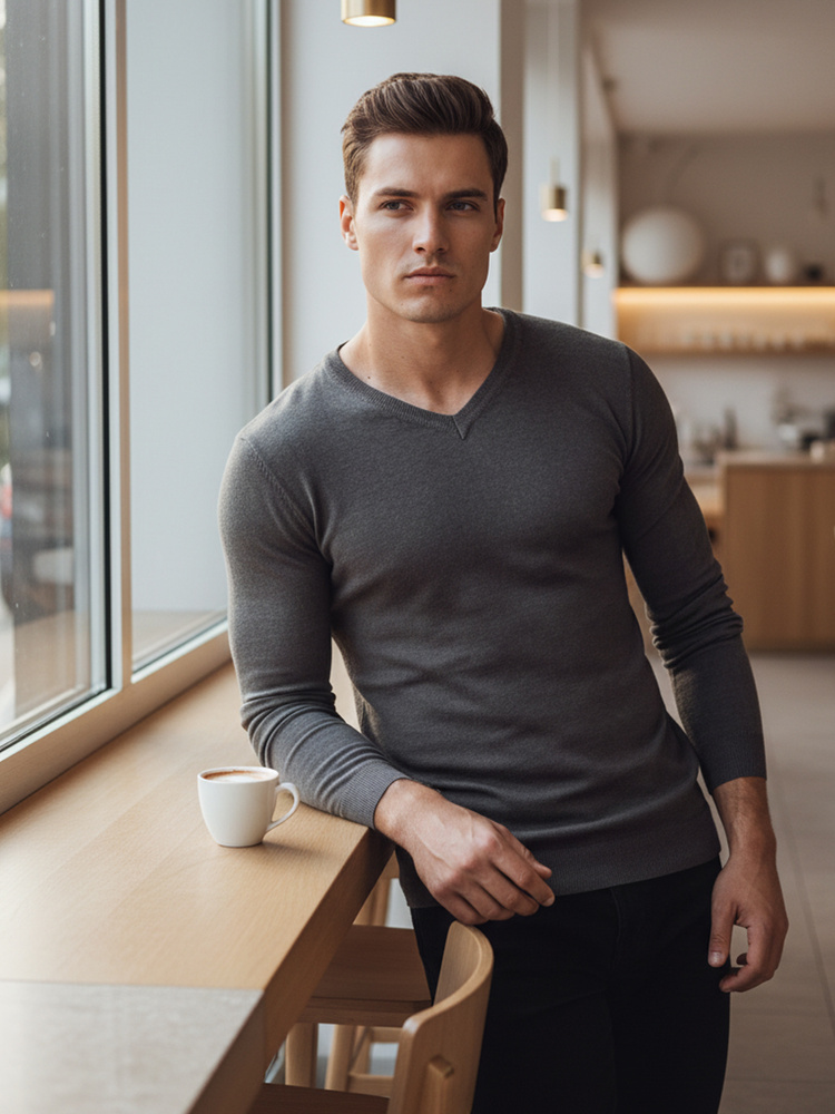 Pánský svetr s výstřihem do V tmavě šedý Dstreet WX2219 L