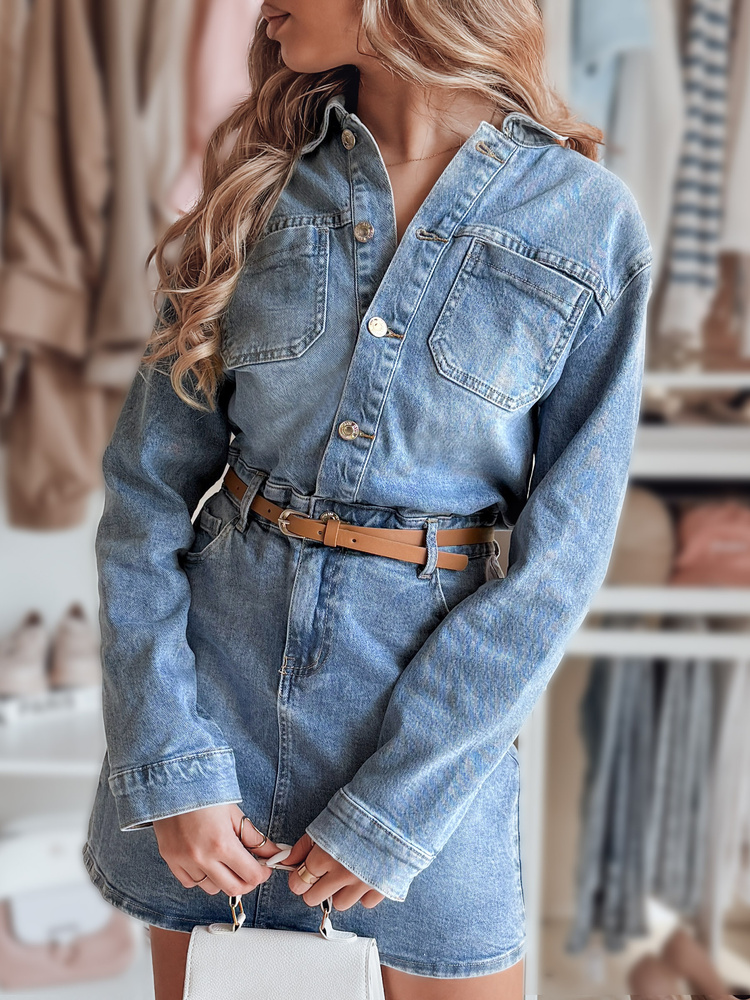Džínové šaty mini one size JINELLA Dstreet EY2569 s páskem Barva: Modrá - světle, Velikost: L
