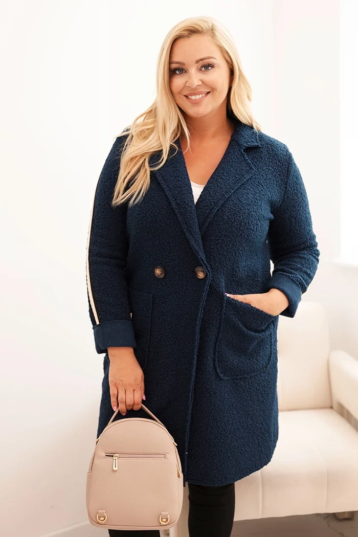 Dámský kabát Plus Size z umělé beránkové tkaniny s kapsami tmavě džínový UNI