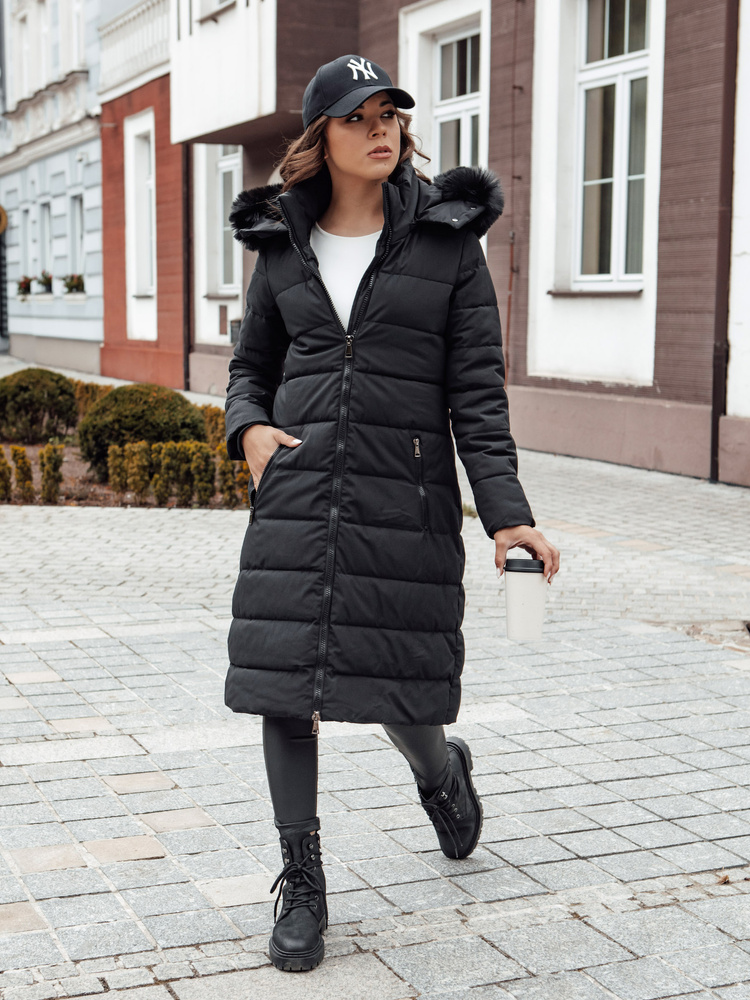 Dámský zimní kabát s kožešinou a kapucí ITEM černý Dstreet TY4539 Velikost: XL