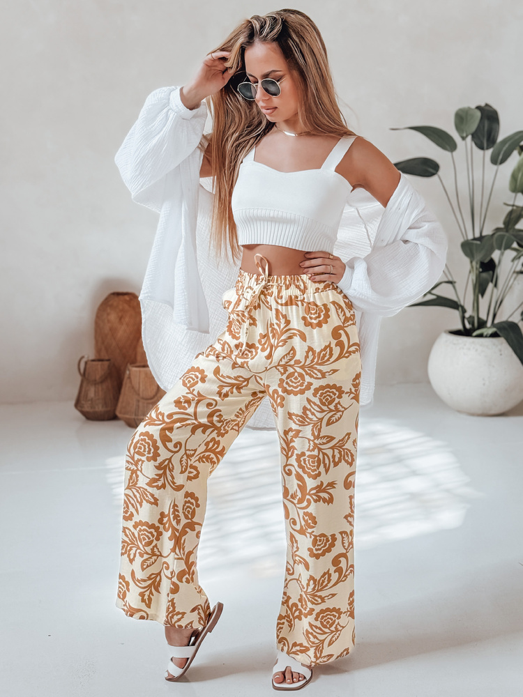 Dámské široké kalhoty wide leg s květy LOVEGARDEN Dstreet UY2656 Barva: Hnědá, Velikost: M