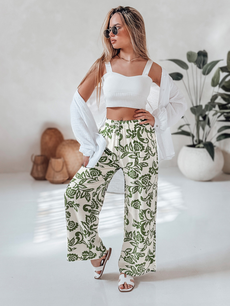 Dámské široké kalhoty wide leg s květy LOVEGARDEN Dstreet UY2656 Barva: Zelená - světle, Velikost: XXL