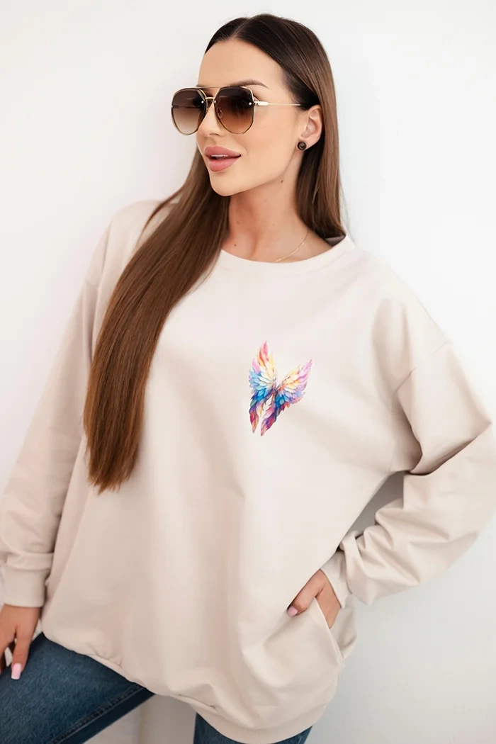 Polski Dámská oversized mikina z bavlny s barevnými křídly na zádech bordová Barva: Béžová, Velikost: UNI