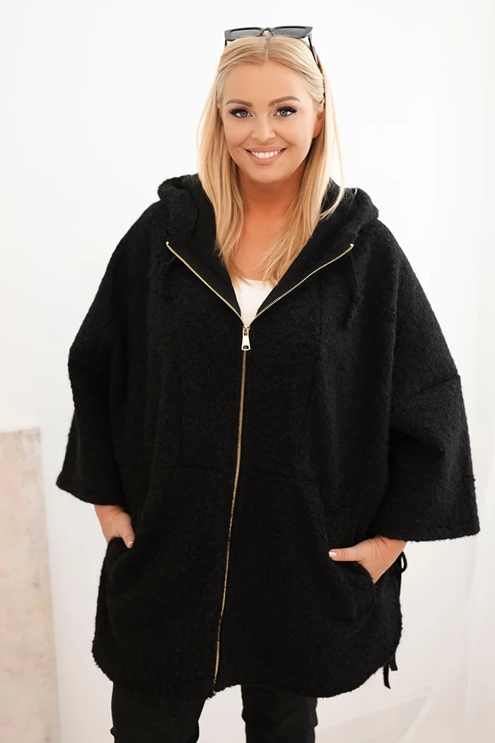 Kesi Dámský kabát Plus Size s kapucí a zipem hnědý Barva: Černá, Velikost: UNI